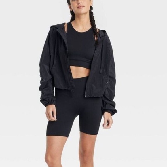 Black hooded ruched sleeve zip up front - Picture 3 of 3